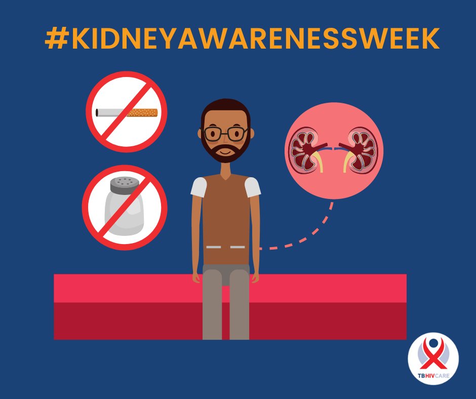 TBHIVCare's tweet photo. This #KidneyAwarenessWeek learn how to take better care of your kidneys by doing the following:

1) Eat a healthy diet (make healthy food choices)
2) Exercise (even a 15-30 min walk, 3 times a week will do).
3) Stop smoking 

#kidneyawarenessweek #kidney #behealthy https://t.co/bkTMJo92SM