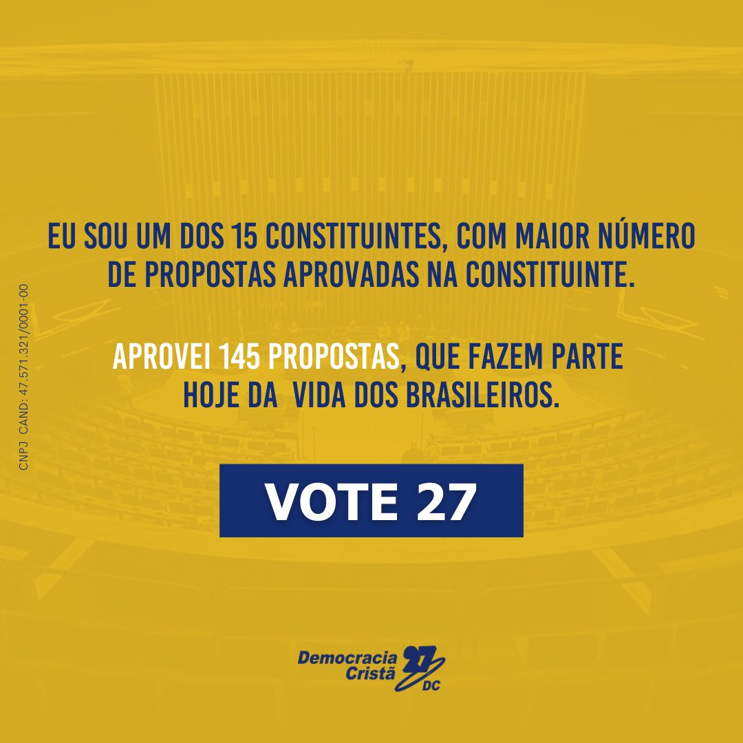 Sou um dos 15 Constituintes, com maior número de propostas aprovadas na Constituinte.

Nesses próximos anos ainda temos muito mais a fazer juntos! Vote 27!

#vote27 #constituinte #eymael27 #politica #presidente2022 #capanhaeleitoral.