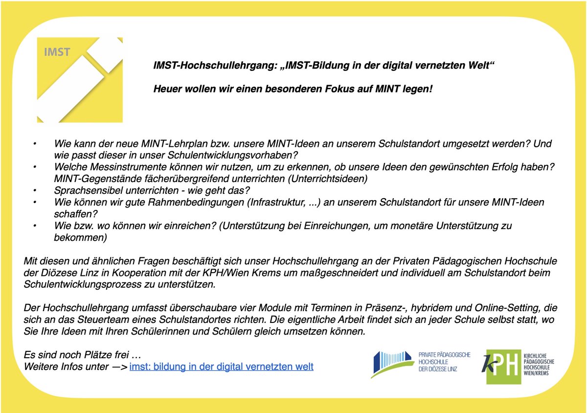 HLG: "IMST-Bildung in der digital vernetzten Welt" startet - heuer mit einem MINT-Fokus! Es sind noch Plätze frei!