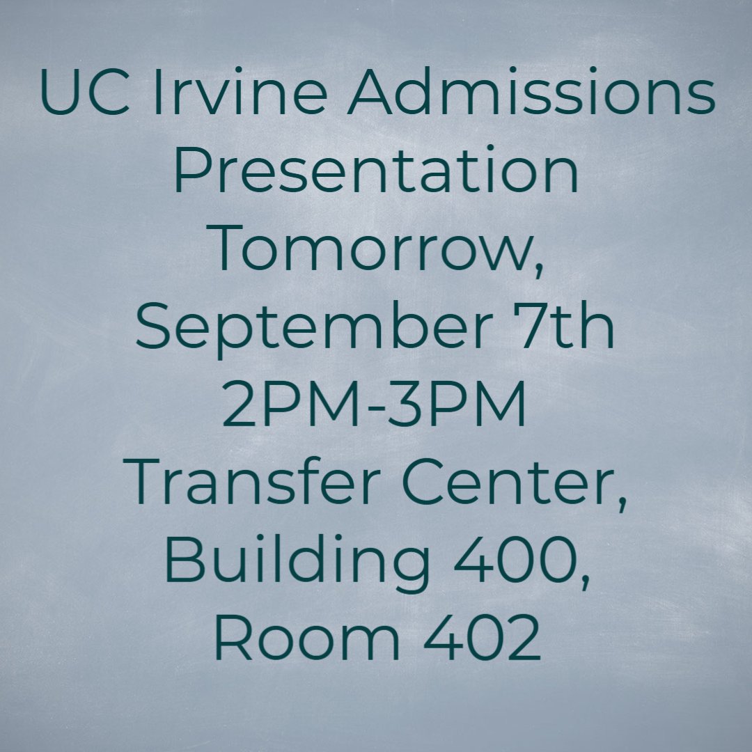 SolanoTransfer's tweet image. Join us tomorrow for a presentation about UC Irvine with admissions representative Guillermo Gallaga. Drop in to the Transfer Center (Building 400, Room 402) at 2 to hear the presentation. We look forward to seeing you then!