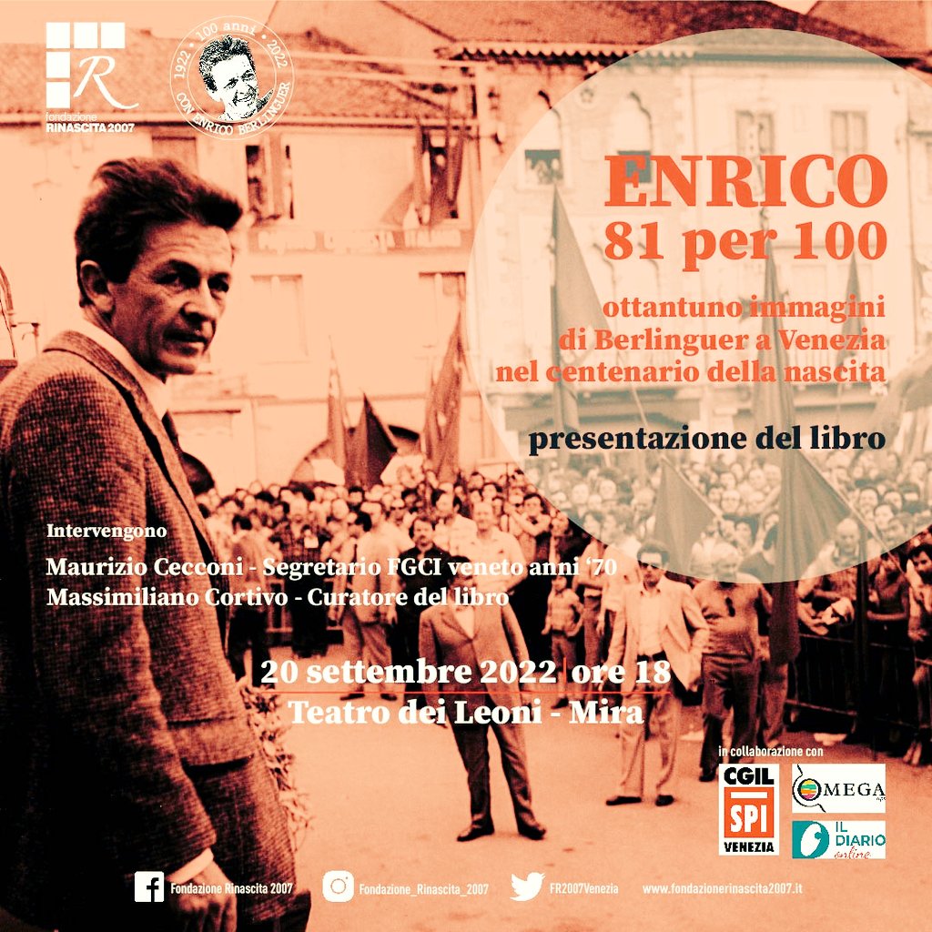 FR2007venezia's tweet photo. Ci vediamo a #Venezia #MoglianoVeneto e #Mira con ospiti a sorpresa. #savethedates #sevedemo #100anniberlinguer
@striscia_rossa @corriereveneto @Gazzettino @nuova_venezia @veneziatoday @radiocafoscari @radiovenezia @eberlinguer https://t.co/Jdr4jrnsSz
