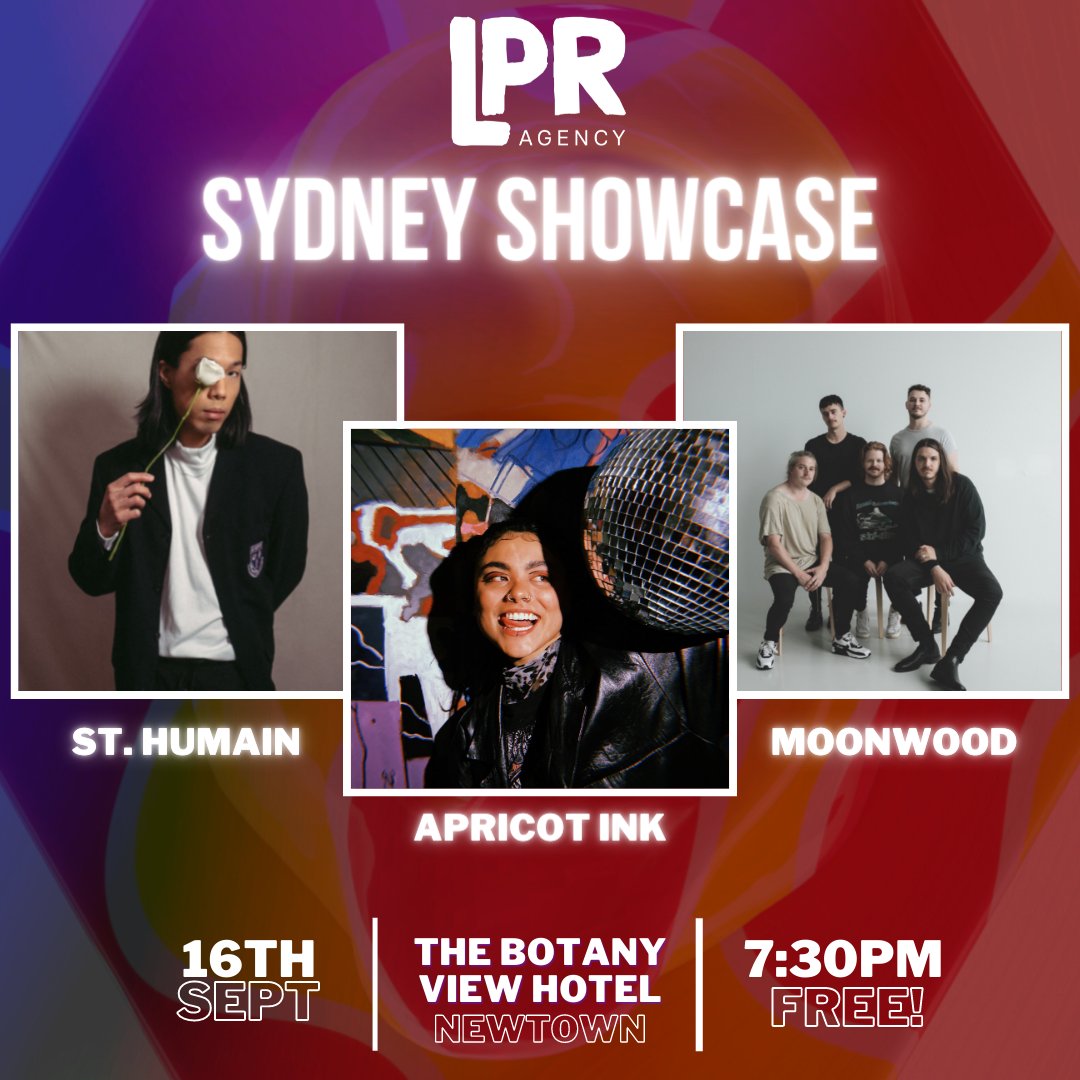 lpragency's tweet photo. We're ecstatic to announce that our next showcase will be in Sydney, Australia! 🌏 Join us at The Botany View Hotel on September 16th, where the wonderful St. Humain, Apricot Ink and Moonwood will be performing. 🕺
#LPR #LPRAgency #Showcase #Australia https://t.co/LgNWaubksx