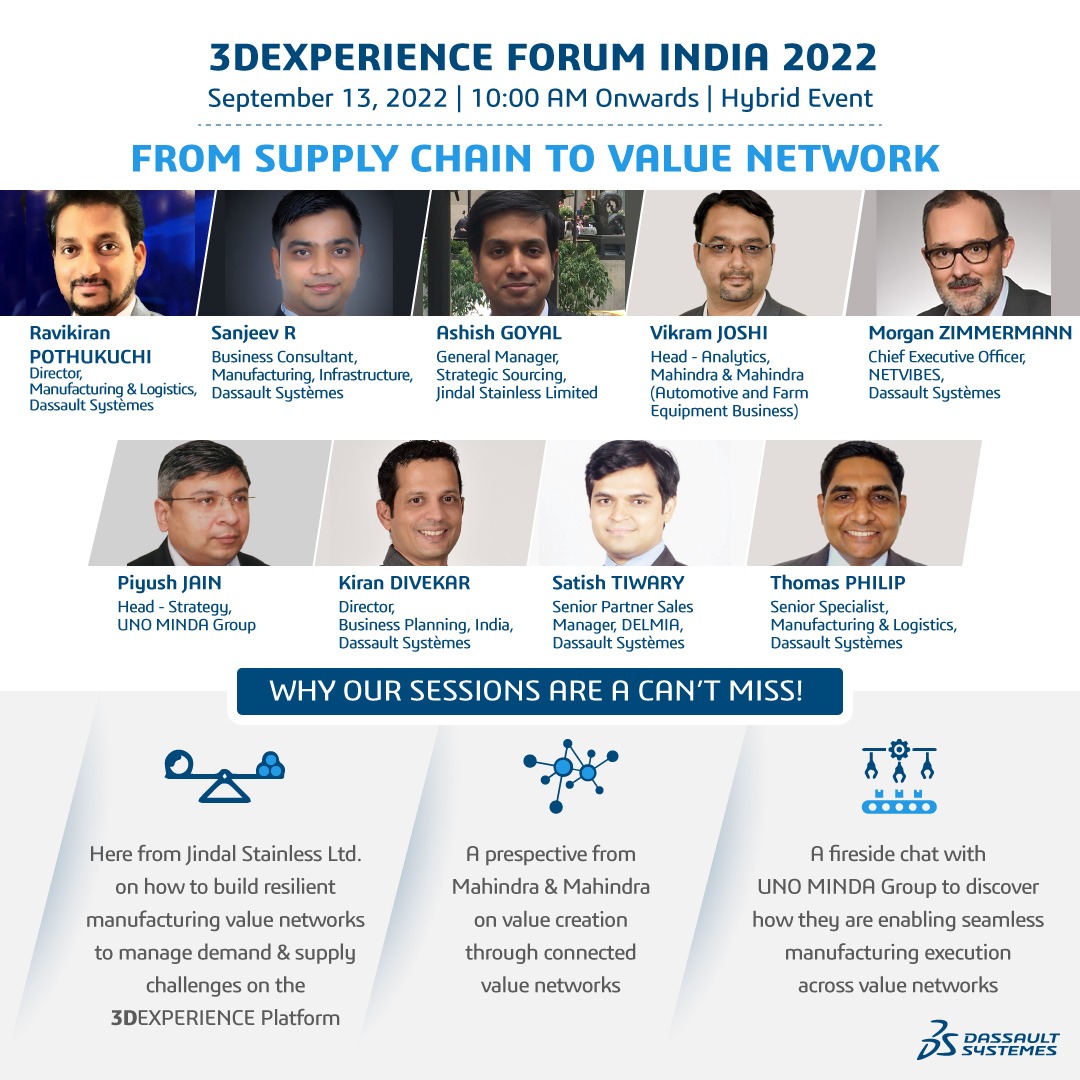 3DSIndia's tweet photo. Looking to mitigate #SupplyChain disruptions via #digitalization?
Join experts from Jindal stainless & @MahindraRise @ #3DEXPERIENCEForum 2022, & learn how Virtual Twin Experiences can improve #manufacturing execution across your #ValueNetwork
Register Now:https://t.co/5OysCBO9oN https://t.co/3AzdrI8Jzs