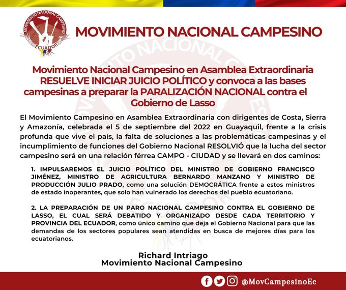 El Movimiento Nacional Campesino convoca a sus bases para preparar una paralización nacional en contra del Gobierno. También, a través de un comunicado, indica que impulsará un juicio político en contra de los ministros de Gobierno, Agricultura y Producción.
