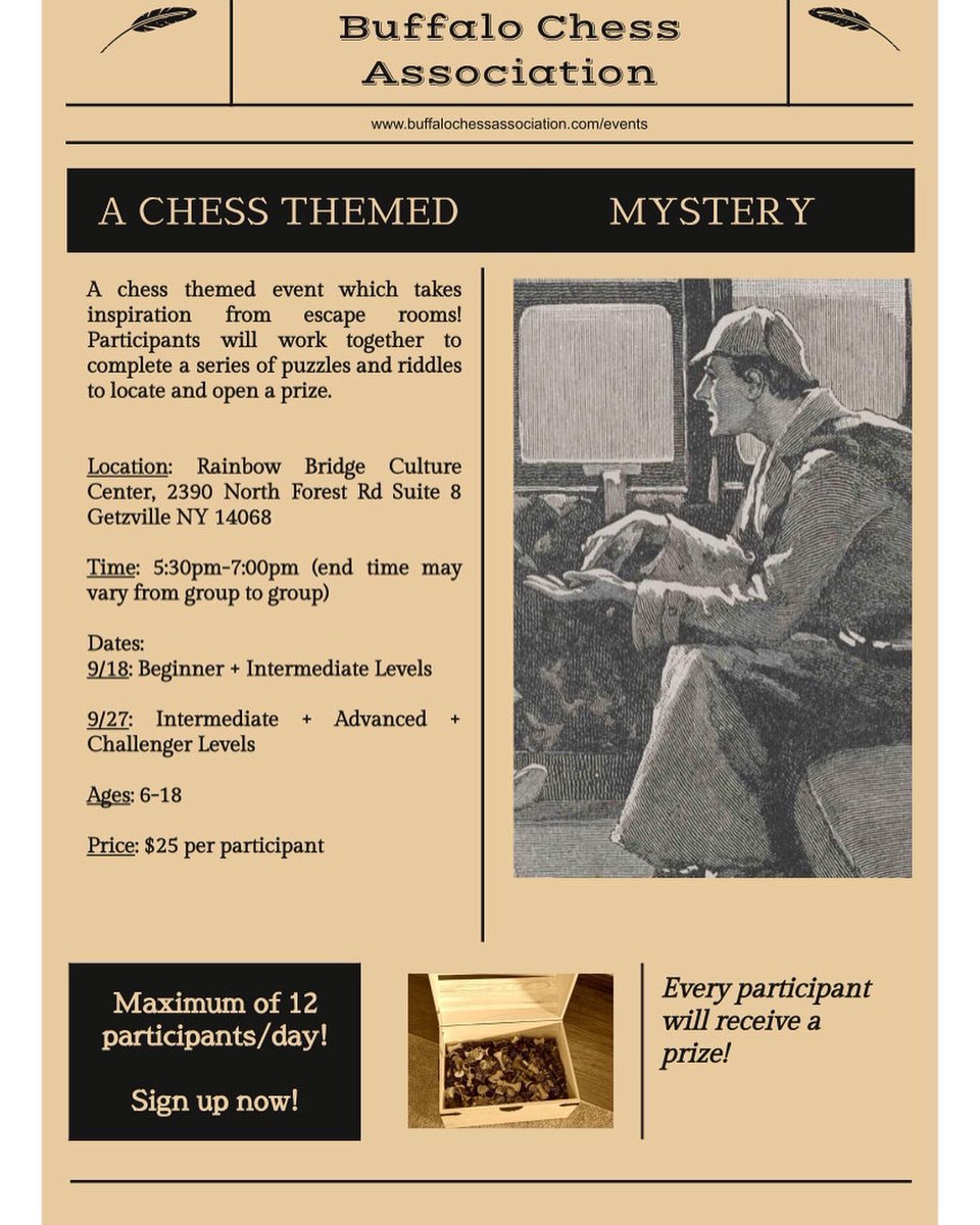 BuffaloChess's tweet photo. Extra! Extra! Read all about it! We’re calling all chess detectives to put their chess knowledge to the test, to crack the code and find the stolen treasure. Visit our events page to register! https://t.co/kSQoPFjd2Z
#buffalochess #chessclasses #chessevents #chessforkids https://t.co/antrDGKrJo