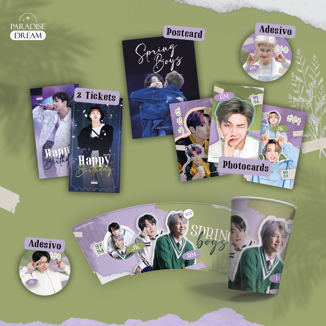 PARADISED1306's tweet photo. Spring Boys começa esse final de semana! 🥰 

Vejam o kit LINDO do evento, feito exclusivamente para vocês comemorarem essa data com a gente! Esse design é lindo e a cara dos Namkook, né?!

No kit:
💜 3 Photocards
💜 2 Tickets
💜 2 Adesivos
💜 1 Postcard
💜 1 Cup Holder https://t.co/M2yKWPnuuX