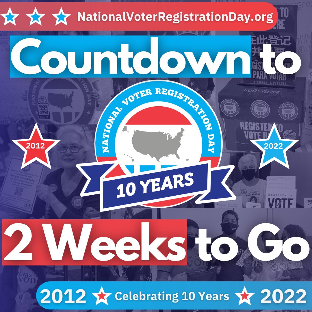 TWO WEEKS! 🤯 

Where did the time go? It feels like just yesterday when we were all hypnotized by Kate Bush, everyone was trying desperately to pull off Maverick-style aviators, AND we officially launched the 2022 #NationalVoterRegistrationDay season!