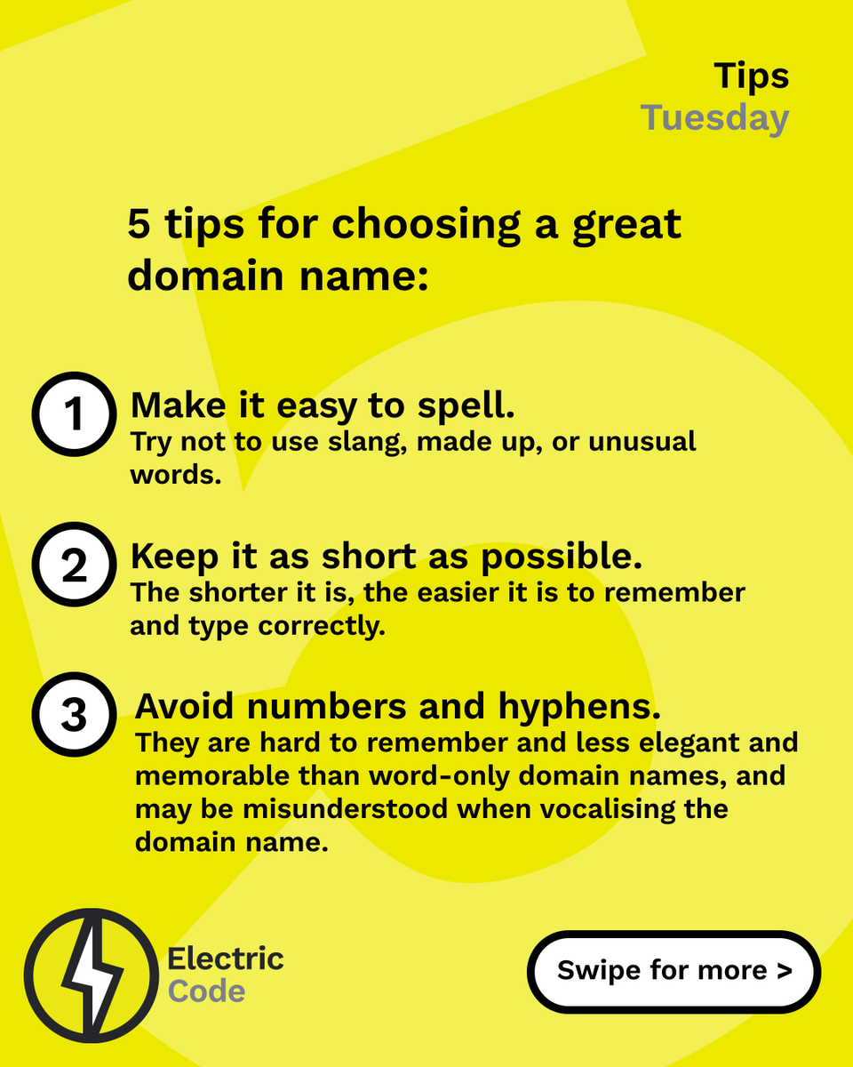 bamboo_folk's tweet photo. T I P S    T U E S D A Y
================

5 tips for choosing a great domain name:

1. Make it easy to spell.
2. Keep it as short as possible.
3. Avoid numbers and hyphens.
4. Ensure it is memorable.
5. Avoid nonsensical names.

Check the link in our bio to see how we can help. https://t.co/ve8uFxr0xX