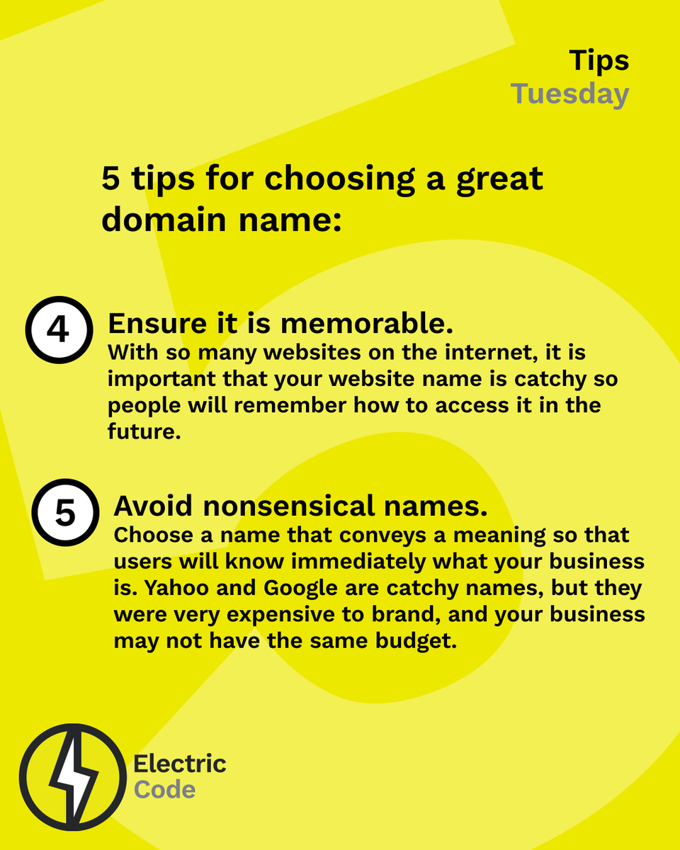 bamboo_folk's tweet photo. T I P S    T U E S D A Y
================

5 tips for choosing a great domain name:

1. Make it easy to spell.
2. Keep it as short as possible.
3. Avoid numbers and hyphens.
4. Ensure it is memorable.
5. Avoid nonsensical names.

Check the link in our bio to see how we can help. https://t.co/ve8uFxr0xX