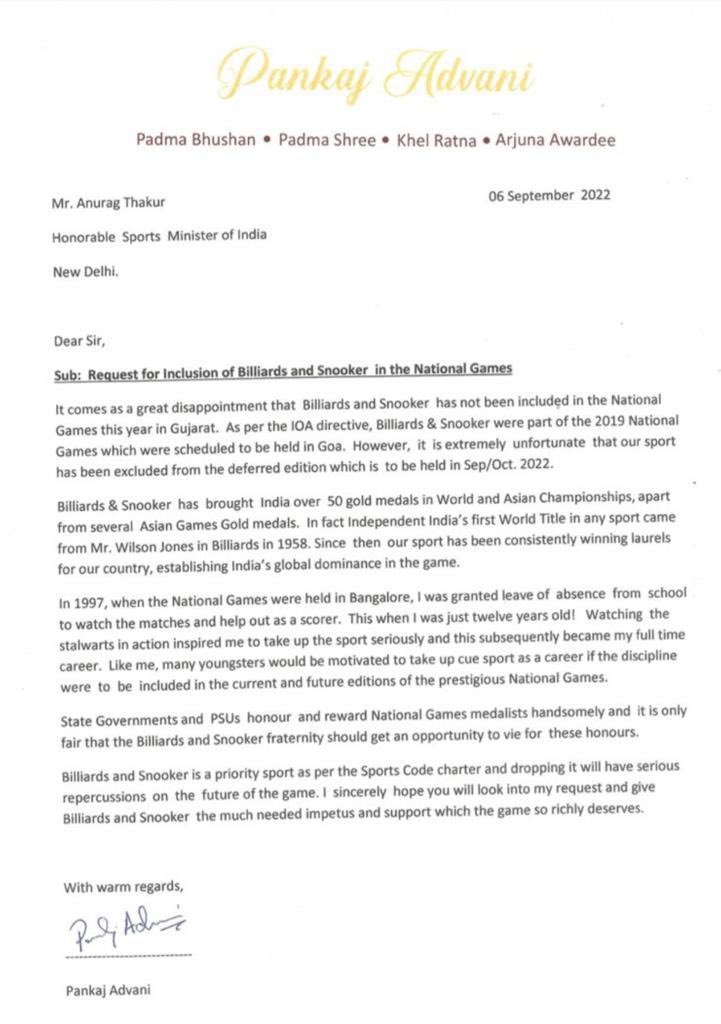 PankajAdvani247's tweet photo. Billiards and Snooker not part of National Games. Disappointed. My letter of appeal to Hon Sports Minister Sir 🙏🏻 https://t.co/sWesw7SWP0