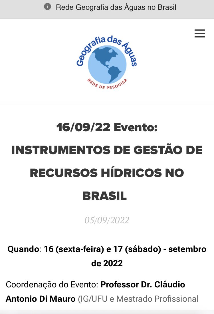 [EVENTO]

Dia 16/09 e 17/09 ocorrerá o evento “Instrumentos de Gestão de Recursos Hídricos no Brasil” pela Rede Geografia das Águas.

O evento terá certificados somente para as palestras.

Se interessou? Acesse: rede-geografia-das-aguas-no-brasil.com/l/evento-instr…
