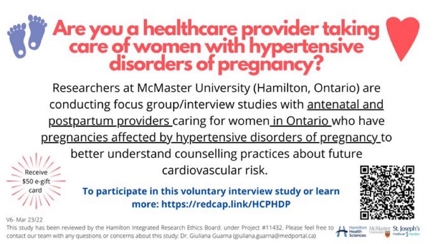 If you are an Ob/Gyn , Midwife, or Family Doctor who takes care of pregnant women with Hypertensive Disorders of Pregnancy, I'm inviting you to participate in a short 20-30min interview (and you get a $50 gift card of your choice!) 
redcap.link/HCPHDP