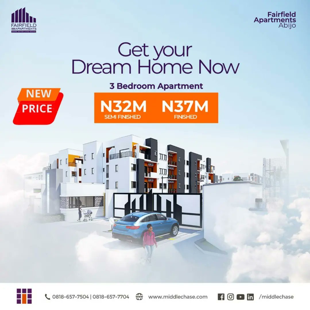 IamMiddlechase's tweet photo. Introducing the new prices for Fairfield Apartments Abijo.
Offers available for all units of your choice.
Send a DM or call 08186577704 to get your Dream home today. #NewPriceAlert #FairfieldApartments #home #lekkiproperties #propertyprices #estates #priceupdate #offers https://t.co/2QnNdjKSqG