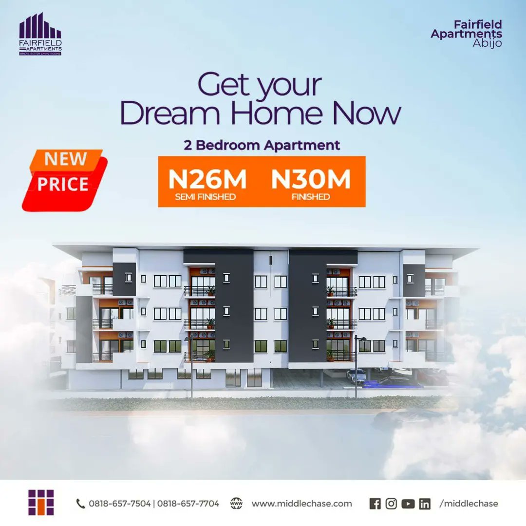 IamMiddlechase's tweet photo. Introducing the new prices for Fairfield Apartments Abijo.
Offers available for all units of your choice.
Send a DM or call 08186577704 to get your Dream home today. #NewPriceAlert #FairfieldApartments #home #lekkiproperties #propertyprices #estates #priceupdate #offers https://t.co/2QnNdjKSqG