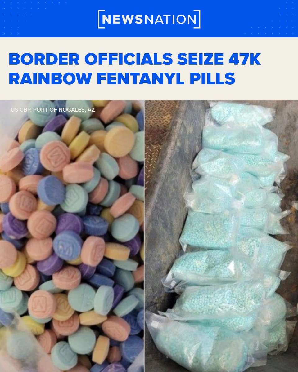 NewsNation's tweet photo. Border agents seized 47,000 brightly colored fentanyl pills over Labor Day weekend. The Drug Enforcement Administration recently issued an advisory about the “rainbow” fentanyl pills, which are meant to look like candy to target young Americans.

MORE: https://t.co/2ltQ67KZK0 https://t.co/BHI55lUjyo