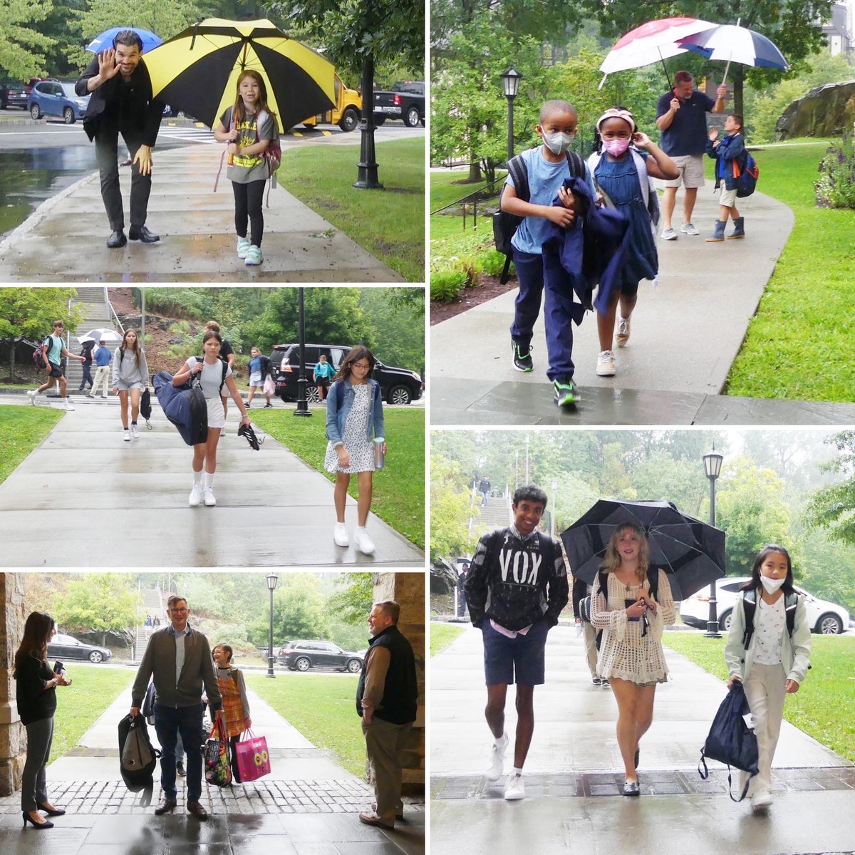HackleySchool's tweet photo. A little rain didn't dampen the enthusiasm and joy that always seems to accompany the first day of school. Students eagerly arrived this morning ready to kickoff the 2022-2023 school year. Welcome back to the Hilltop, Hackley Hornets! #HackleySchool #HackleyHilltop #WeAreHackley https://t.co/xO6YlWxYmm