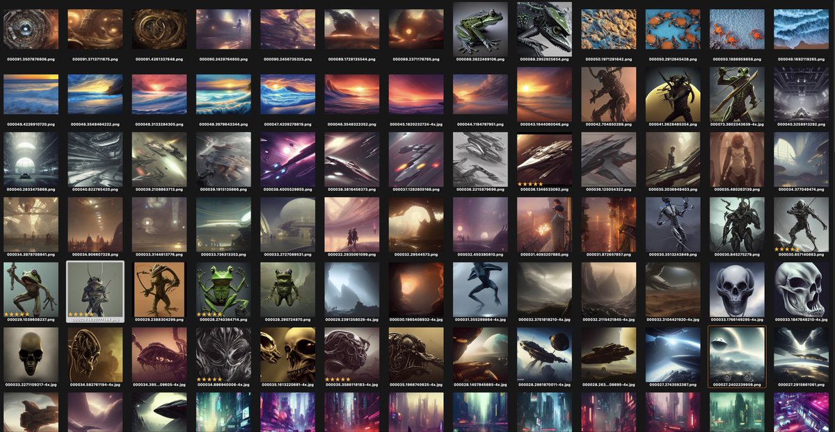 johnrlynch's tweet photo. It was a #stablediffusion weekend. All this art exists in a 4GB weights file, accessed via math. 🤯 https://t.co/zPbL2bAGSs
