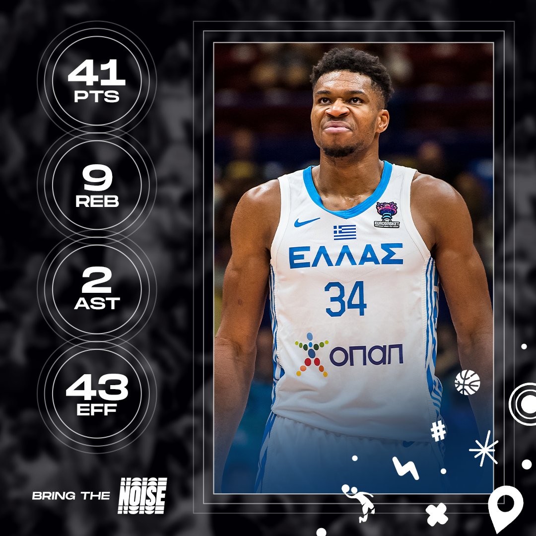 EuroBasket's tweet photo. INEVITABLE. 🇬🇷

@Giannis_An34 erupts for 41 PTS, the most in a single #EuroBasket game since Dirk's 43 in 2001.

#BringTheNoise https://t.co/K5fpXMCmIm