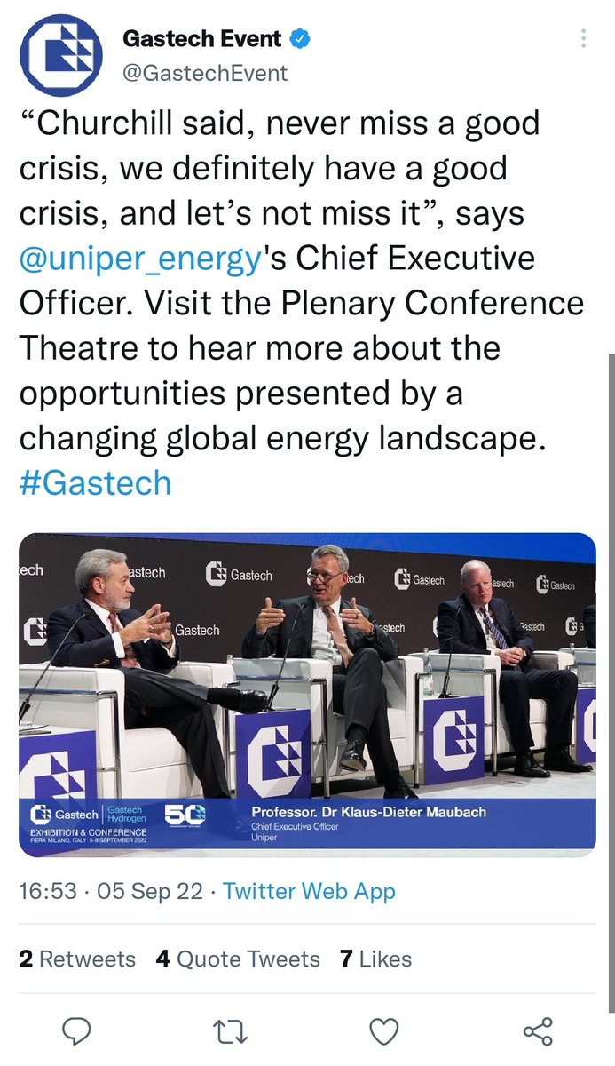 Nachdem #Uniper's CEO auf der Bühne der #Gastech die russische Invasion in die #Ukraine als 'gute Krise' bezeichnete, hat die Gastech den entsprechenden Tweet nun gelöscht.

Wichtiger wäre ein Statement von <a href="/UniperGermany/">Uniper Deutschland</a>. Sind sie als Unternehmen #Putin dankbar für "gute Krise"?
