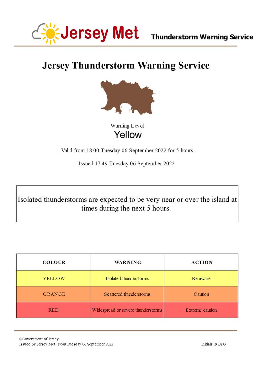 Thunderstorm warning for Jersey valid from 18:00 Tuesday 06 Sep 2022 for 5 hours.