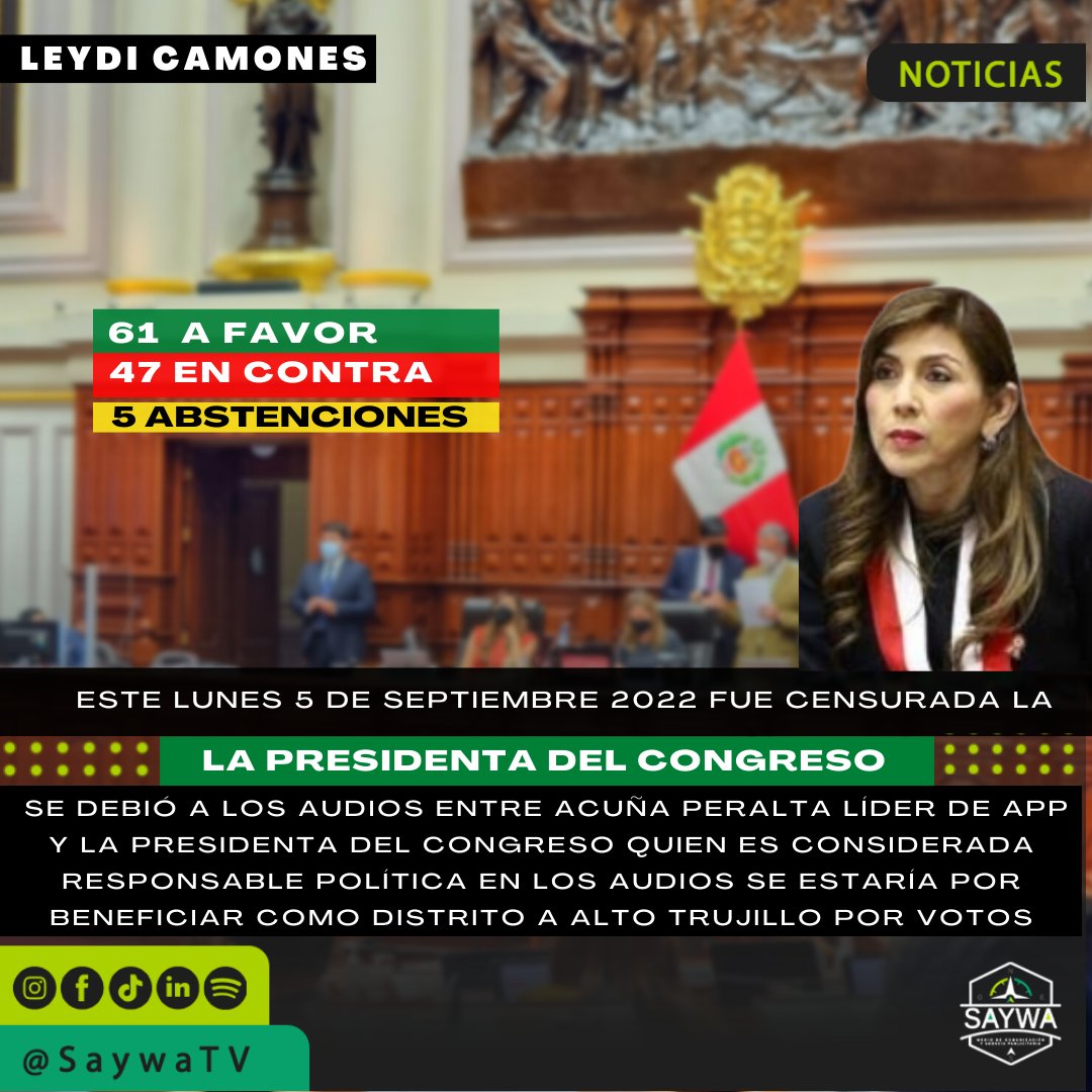 saywatv's tweet photo. Este lunes 5 de septiembre del 2022 el pleno del congreso censuro a la presidenta de la Mesa del Congreso Leydi Camones.
El artículo 12 del Reglamento del congreso establece realizar elecciones dentro de los 5 días posteriores a la oficialización de la vacancia.
#LeydiCamones#app https://t.co/iYqiQfhsjP