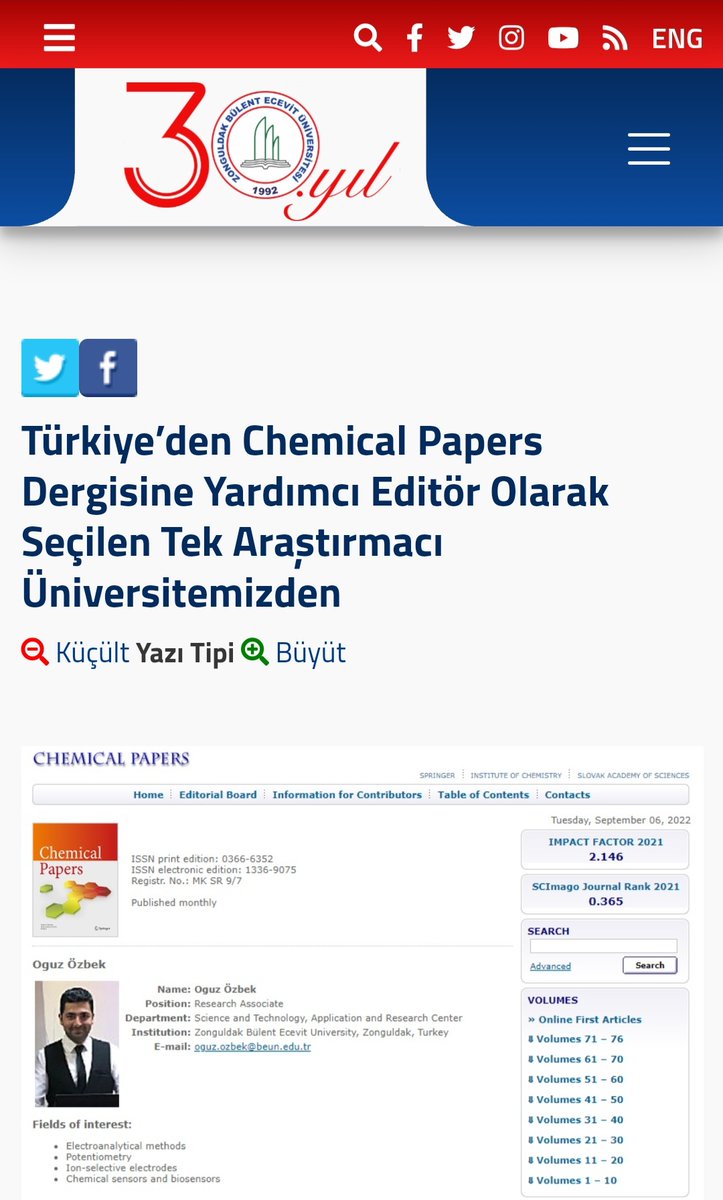 Kimya alanının önemli ve başarılı dergilerinden biri olan SCl indeksli Chemical Papers dergisine Yardımcı Editör olarak seçildim. Tüm bilimsel ve akademik başarılarımızı destekleyen üniversitemize sonsuz teşekkür ederim. <a href="/beunedutr/">Zonguldak Bülent Ecevit Üniversitesi</a> <a href="/ihozolcer/">Prof. Dr. İsmail Hakkı ÖZÖLÇER 🇹🇷</a>