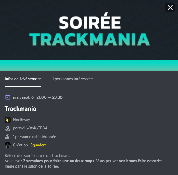 🎮𝑺𝑶𝑰𝑹𝑬𝑬 𝑪𝑶𝑴𝑴𝑼𝑵𝑨𝑼𝑻𝑨𝑰𝑹𝑬 

👋Bonsoir tout le monde !

Ce soir s'annonce le retour des soirées communautaire en direct sur Twitch !
Soyez au rendez-vous pour un live sur #TrackMania !

Le diffuseur de ce soir sera <a href="/Squadere_/">Squadere.</a>.
➡️twitch.tv/northwaytv⬅️(21h)