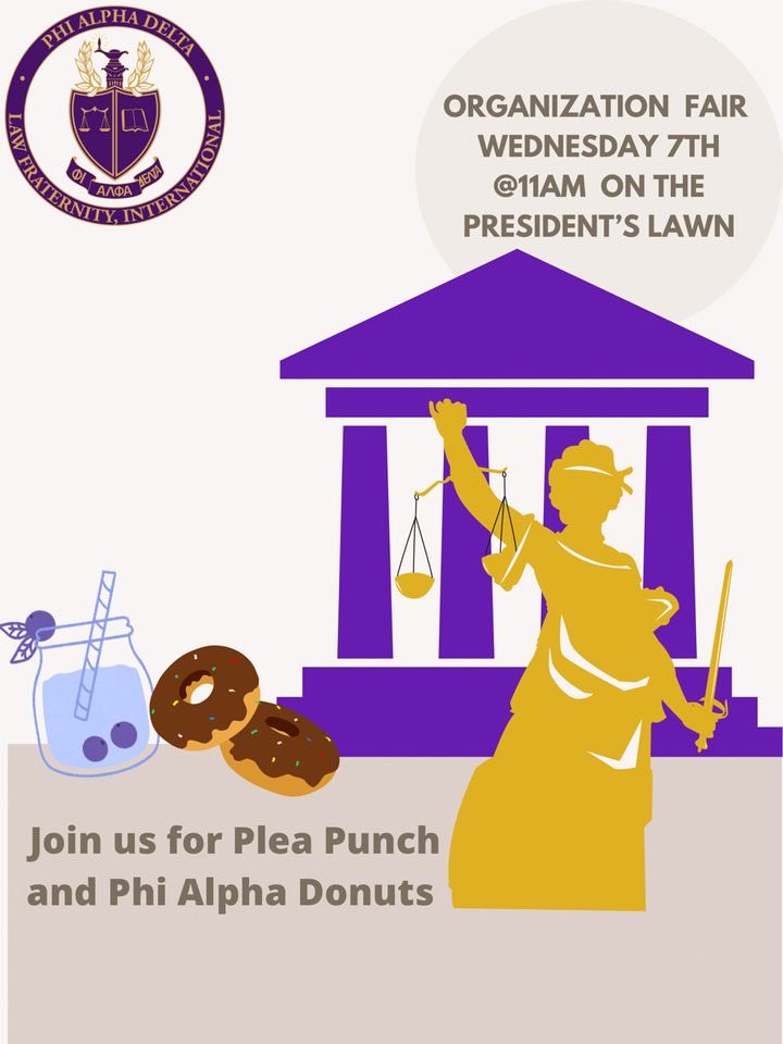 Come meet your favorite Law Fraternity tomorrow at 11!! Join the brothers of Phi Alpha Delta while enjoying our plea punch 🍇🍋 and donuts 🍩🍩#TSU26 #TSU25 #TSU24 #TSU23 #Law #ΦΑΔ