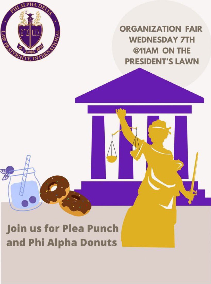 Come meet your favorite Law Fraternity tomorrow at 11!! Join the brothers of Phi Alpha Delta while enjoying our plea punch 🍇🍋 and donuts 🍩🍩#TSU26 #TSU25 #TSU24 #TSU23 #Law #ΦΑΔ