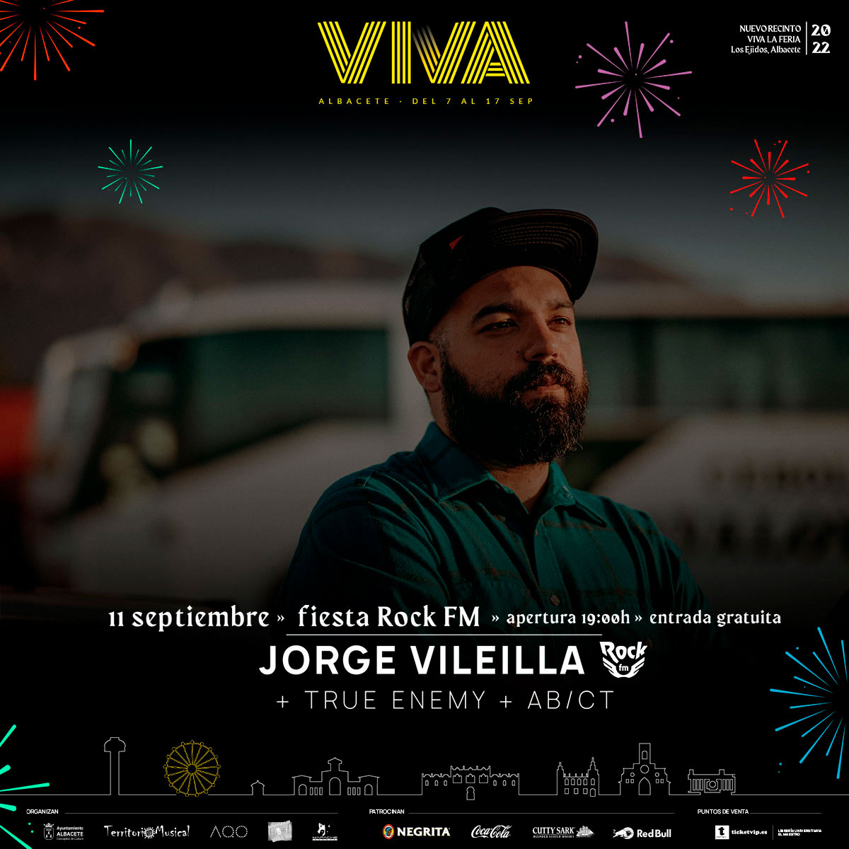 TerritorioMusi's tweet photo. Atención, ¡#JorgeVileilla sustituye a #ElPirata en la fiesta de @RockFM_ES del #Viva en la #feriadealbacete2022! 🤘⚡️🎸
💥Con #TrueEnemy y AB/CT en directo!
Será el próximo domingo, 11 de sept., desde las 19.00h, con entrada gratuita, en el nuevo recinto 'Viva' 🔥 https://t.co/1KLHbYyLx0