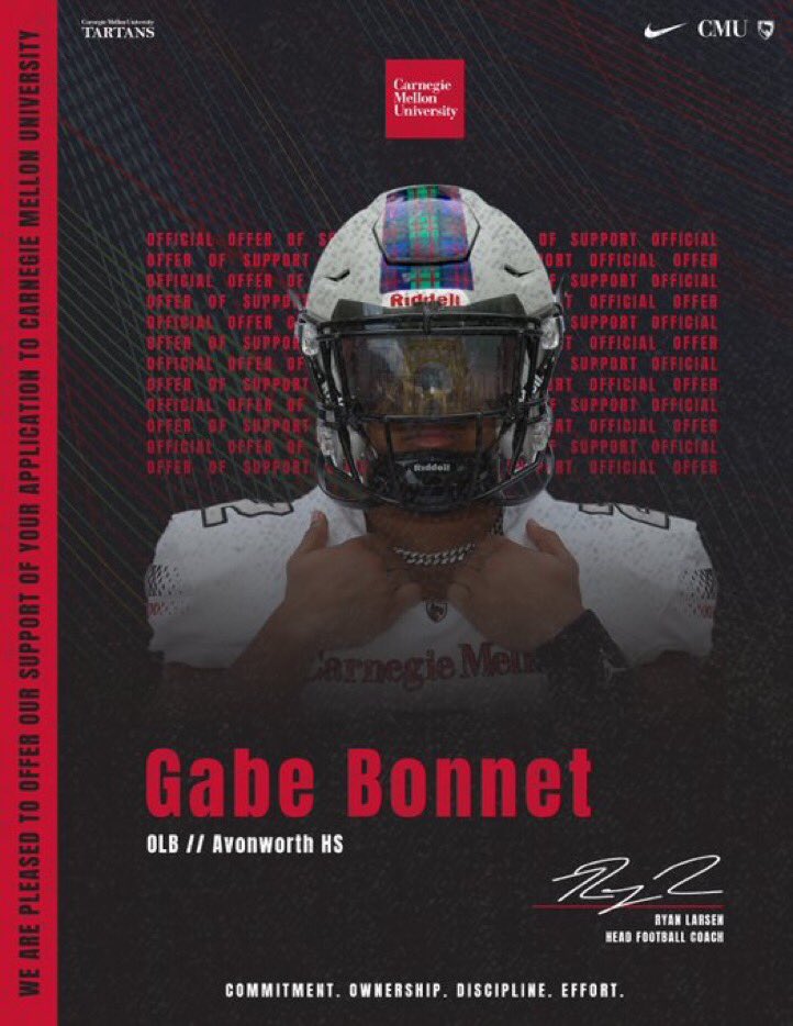 Very excited to announce that I have been offered a roster spot at Carnegie Mellon University! Thank you to <a href="/CoachGibboney/">Coach Gibboney</a> <a href="/CoachRyanLarsen/">Ryan Larsen</a> <a href="/TartanFB/">Carnegie Mellon Football</a> #CODE