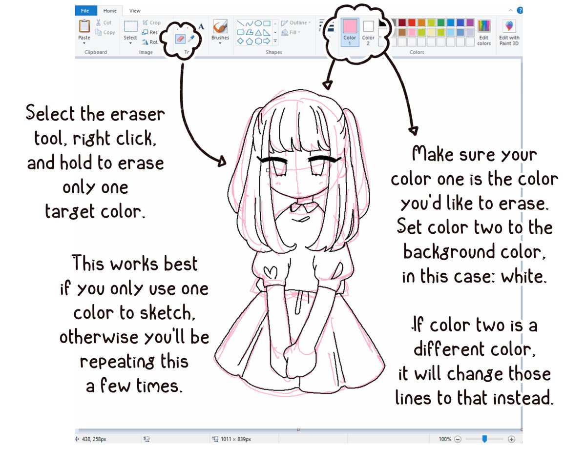 Erasing a sketch underneath your lineart: Be sure to sketch with a different color than your lineart, or this won't work. 