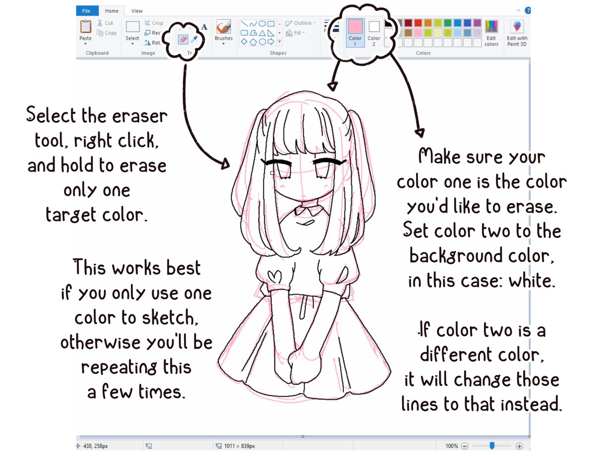 Erasing a sketch underneath your lineart: Be sure to sketch with a different color than your lineart, or this won't work.