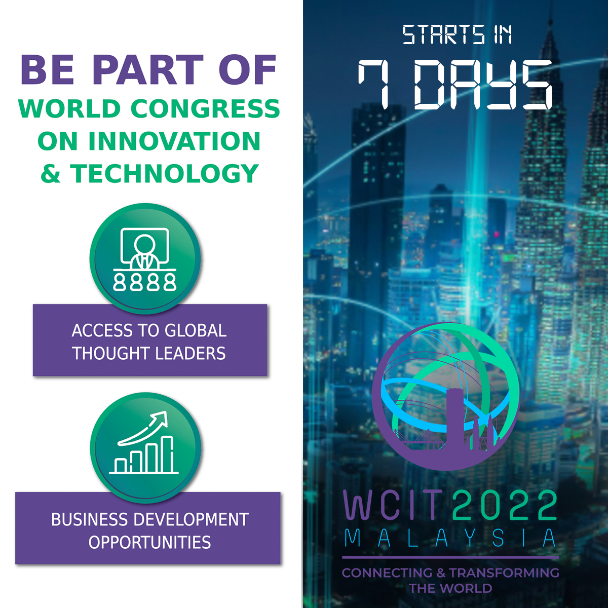 wcit2022's tweet photo. 🗓️Just 1 week until one of the world's largest and most prestigious ICT events begins. Do you have your tickets?
 https://t.co/AovRMPvVxY
$199 virtual tickets: https://t.co/7OmFlr76w3

 #wcit2022malaysia #Pikom #witsa #techcongress #innovation #technology https://t.co/tXydvEIejp