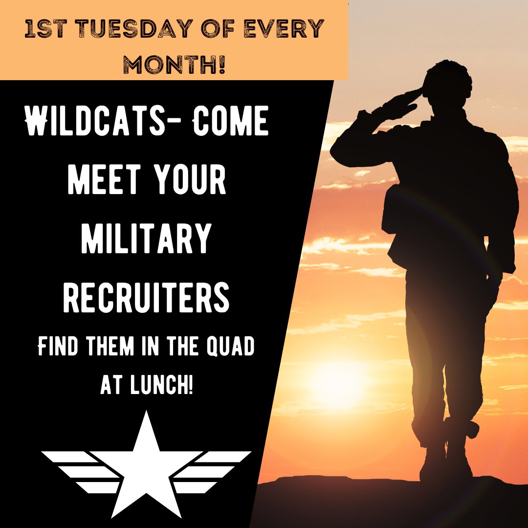 REVCareerCenter's tweet photo. Wildcats-would like to learn more about the awesome opportunities offered with the U.S. military? Come talk to our recruiters the first Tuesday of every month in the quad at lunch! @revwildcats @revhsptsa @RedlandsUSD https://t.co/60FmF8GbPu