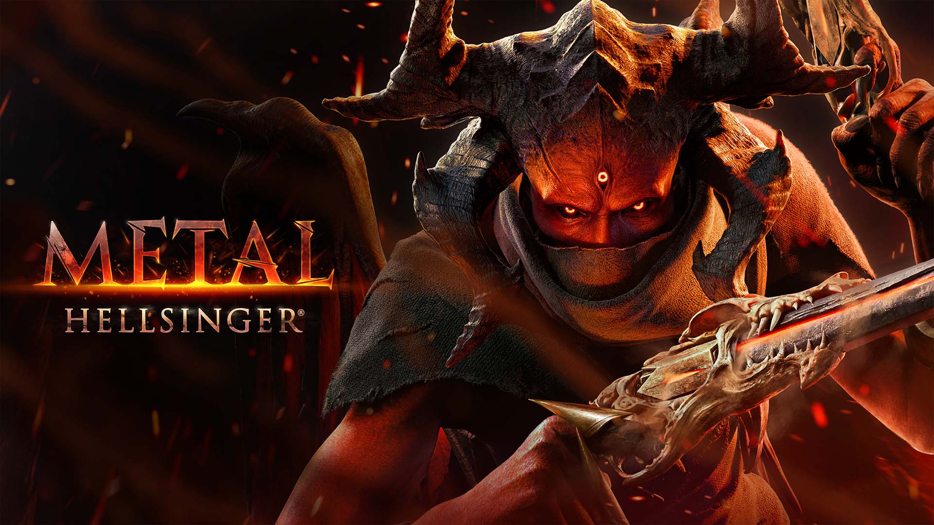 Key art from Metal Hellsinger featuring The Unknown, a demon-like character, scowling while holding a gun. Text reads "Metal Hellsinger."
