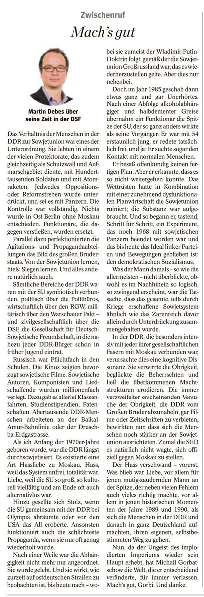 Martin_Debes's tweet photo. Wie immer mit gebührender Verspätung: Warum viele im Osten Deutschlands Gorbatschow nicht in erster Linie wegen der Wiedervereinigung dankbar sind. In zweiter Linie dann natürlich schon. https://t.co/Uc7vfKLEL1