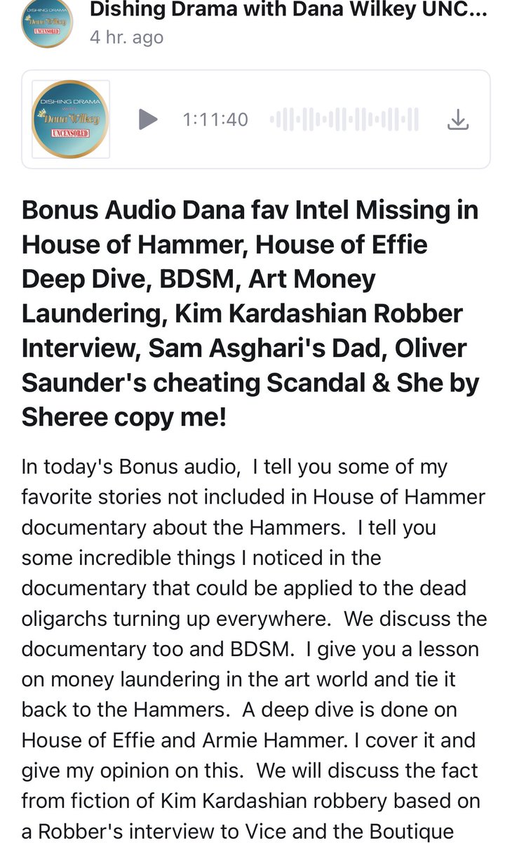Danawilkey's tweet photo. Today’s #dishingdramadana bonus audio show notes so good! #rhobh #bravotv #patricksomers #ArmieHammer #moneylsundering #artworld #hammerfamily #discoverplus #HouseOfHammer #rhoa #samasghari #britneyspears #erikajayne #prophet #KimKardashian #robbery #keepingupwithtgekardashian https://t.co/J2hgnsgjMj