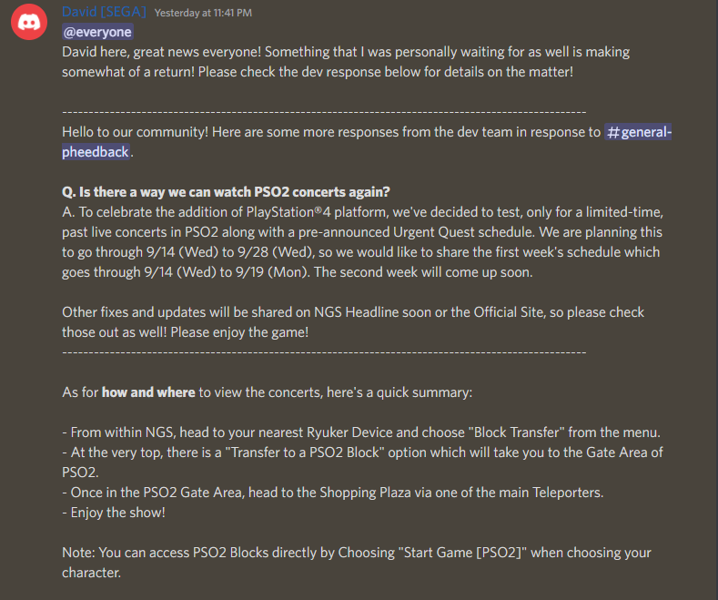 play_pso2's tweet image. Turns out, sayonara really wasn't her final breath! 💫🎉✨
Concerts are returning to PSO2 Classic for a limited-time! Catch the return of Quna, Vocaloid, &amp;amp; more in PSO2 blocks starting 9/14!! 🎤

The full schedule and even more news from the Devs is available on our our Discord!