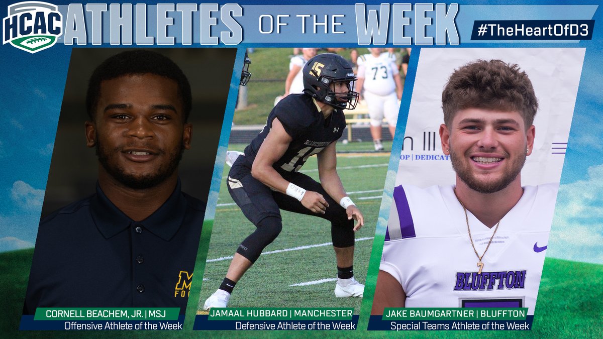 HCACDIII's tweet photo. HCAC Football | Athlete of the Week 

Congrats to the Football Athletes of the Week: 
Offensive: Cornell Beachem Jr. @MSJ_Athletics
Defensive: Jamaal Hubbard, @MUSpartans
Special Teams: Jake Baumgartner, @Bluffton_Sports

https://t.co/5d9C7WFrCP

#TheHeartOfD3 #D3Football https://t.co/zAiWT7uE6J