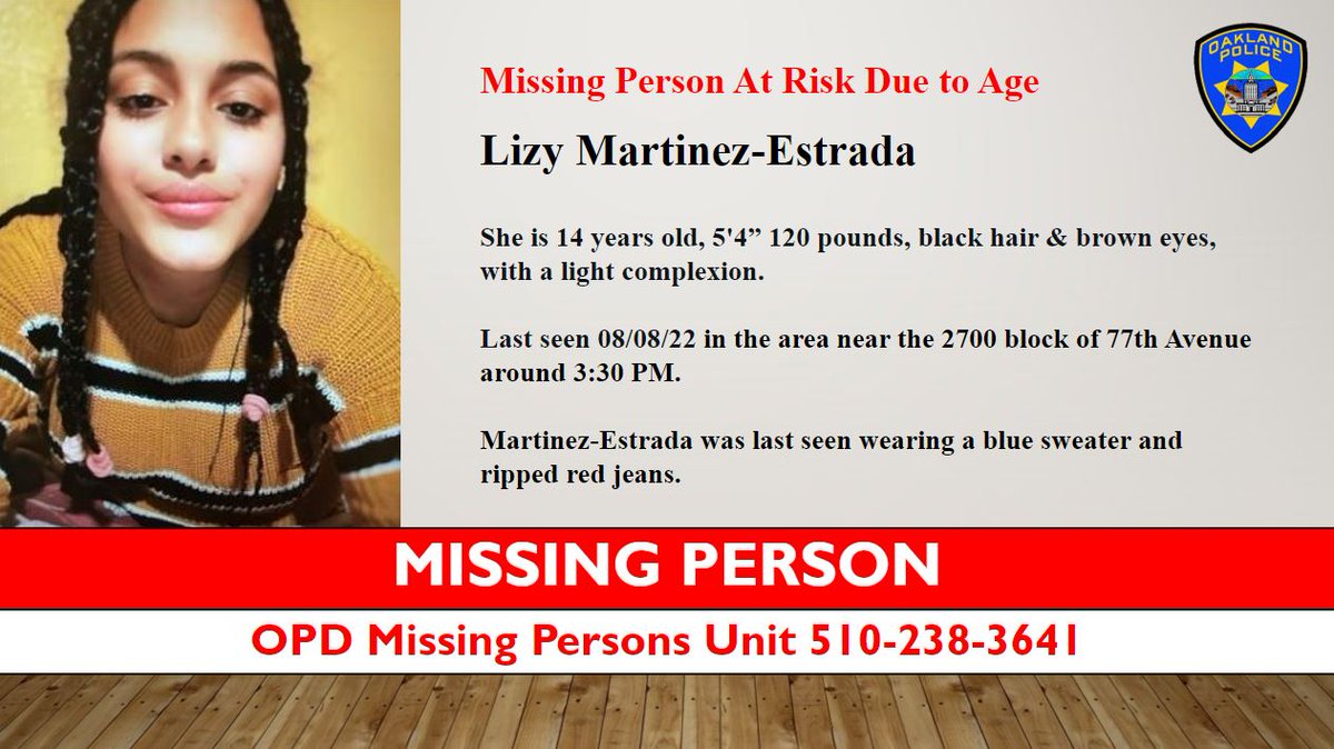 Please help locate #Missing Person Lizy Martinez-Estrada: At Risk Due to Age

Martinez-Estrada was last seen on August 8, 2022, near the 2700 block of 77th Avenue, around 3:30 PM

She was wearing a blue sweater and ripped red jeans.