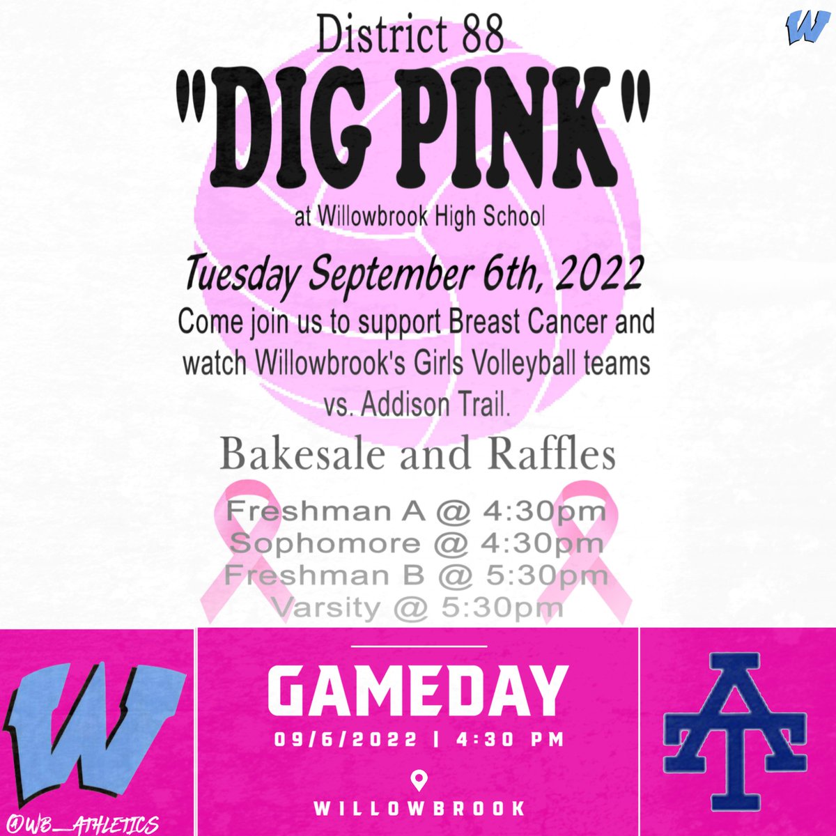 Best of luck to the Girl's Volleyball team as they compete against Addison Trail in the District #88 Dig Pink Game tonight! <a href="/WBvball/">Willowbrook Girls Volleyball</a>