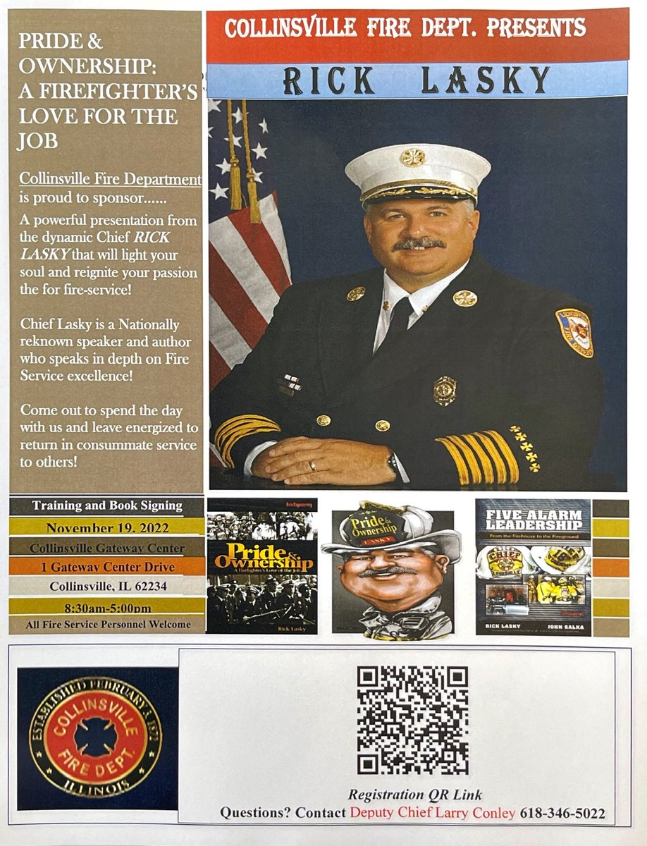 Mark your calendars, Chief Rick Lasky is coming to beautiful downtown Collinsville, Illinois November 19, 2022 to discuss a little Pride and Ownership!!! Bring your book to be signed or buy one on site. Register below sooner than later for the event.

⁦<a href="/chieflasky/">Rick Lasky</a>⁩
