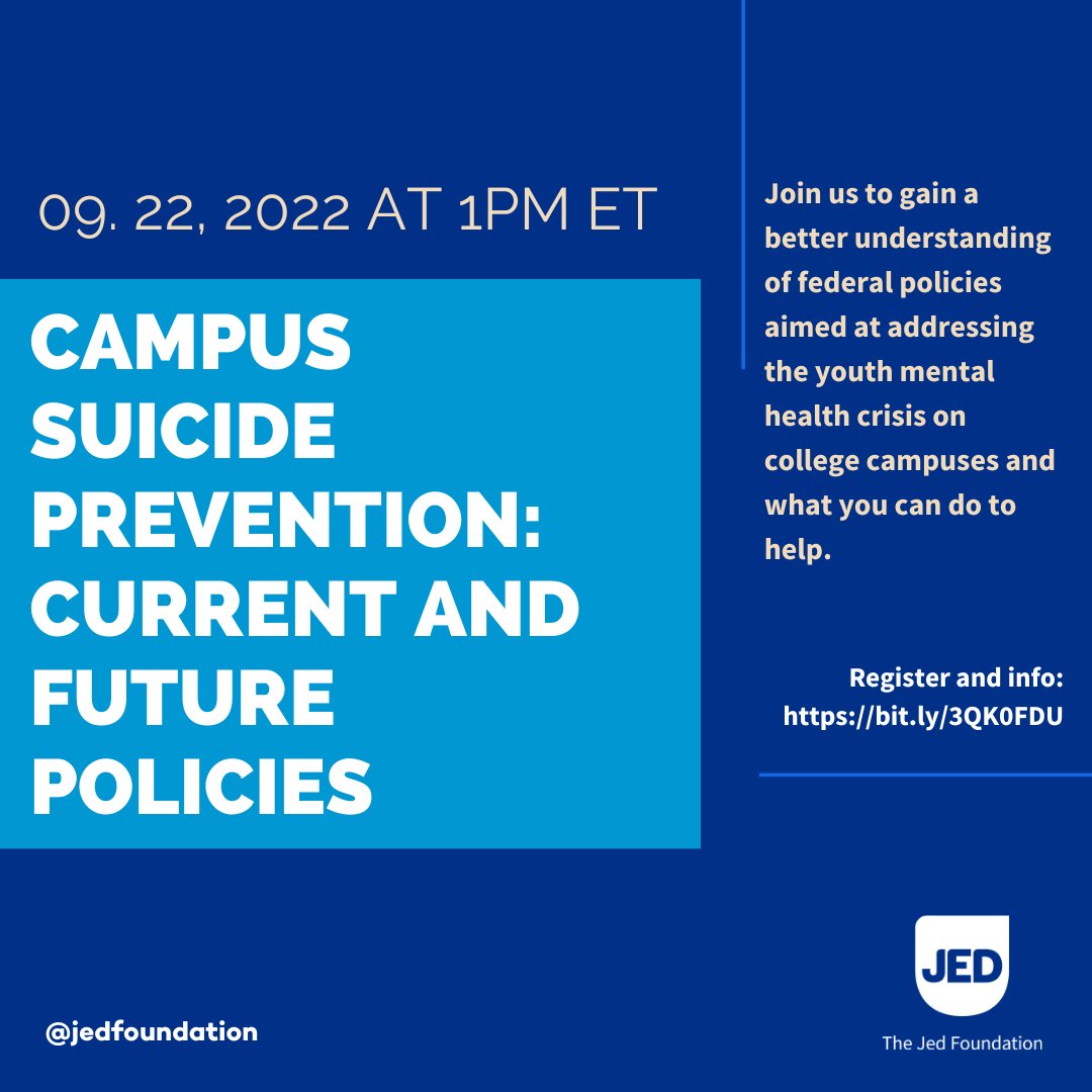 GetSetLearning's tweet photo. RT @jedfoundation: This #SuicidePreventionAwarenessMonth, join us as JED, @AFSP, student advocate Malayna, and others explore federal laws addressing the #mentalhealth needs of college students nationwide. Register: https://t.co/EMhPfQW5rj
#SPM22 #Highe… https://t.co/PTa1B0uDWr