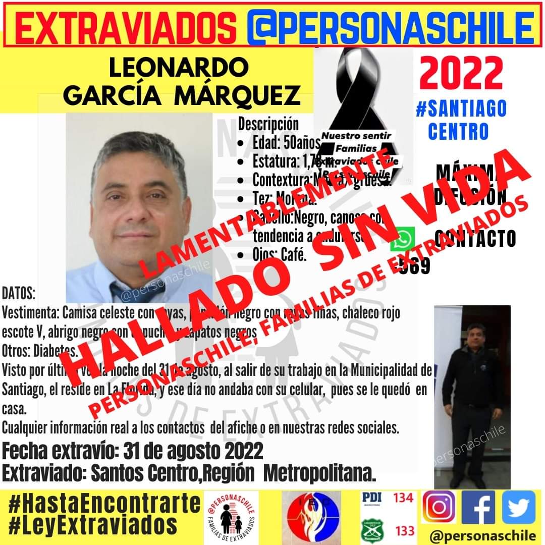 elvisdechile's tweet photo. @Personaschile @Muni_Stgo @IraciHassler Disculpen no entiendo, Nuestro amigo Leonardo , desaparecido,apareció sin vida ...Es eso cierto?? https://t.co/4FIjnPvYY1