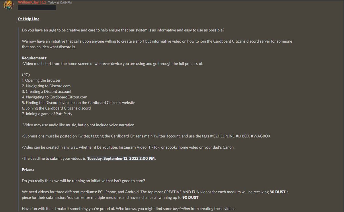 williamclay's tweet image. Calling all creatives.

@CardboardCtzNFT is having a content creation competition that everyone is invited to join.

To be eligible, you must follow all the directions in the attached picture.

90 $DUST up for grabs.

Let's see what you've got.

#LFBOX #WAGBOX