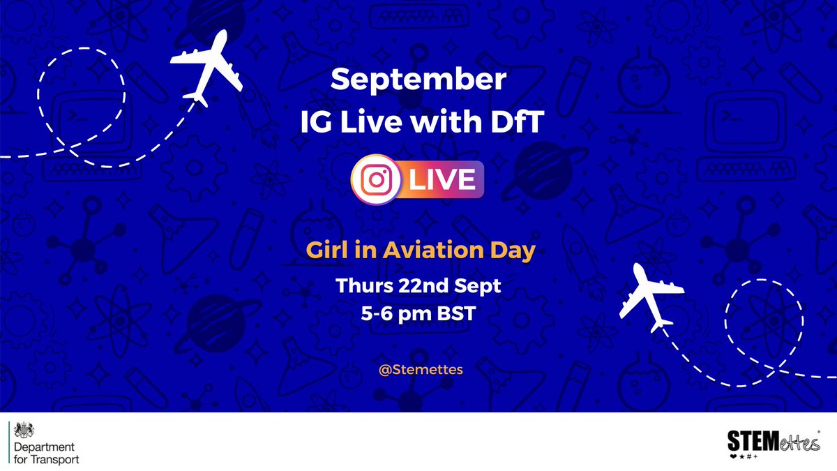 Stemettes's tweet photo. Join us on the 22nd September for an IG Live with @transportgovuk to celebrate Girl In Aviation Day โ๏ธ
Set a reminder in your diary and bring your questions for our STEMazing role models!
#GIAD22
#DfTStemettes https://t.co/p6tBQxq7lc