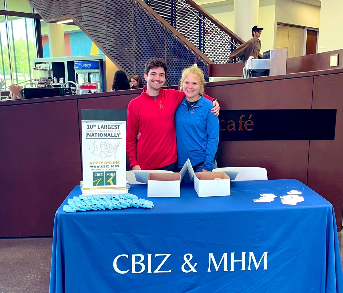 Drop by to say hi to Matthew &amp; Brooke from CBIZ and grab a Munchers Donut  <a href="/KUBusCareer/">KU Bus Career</a> @CBIZKansasCity