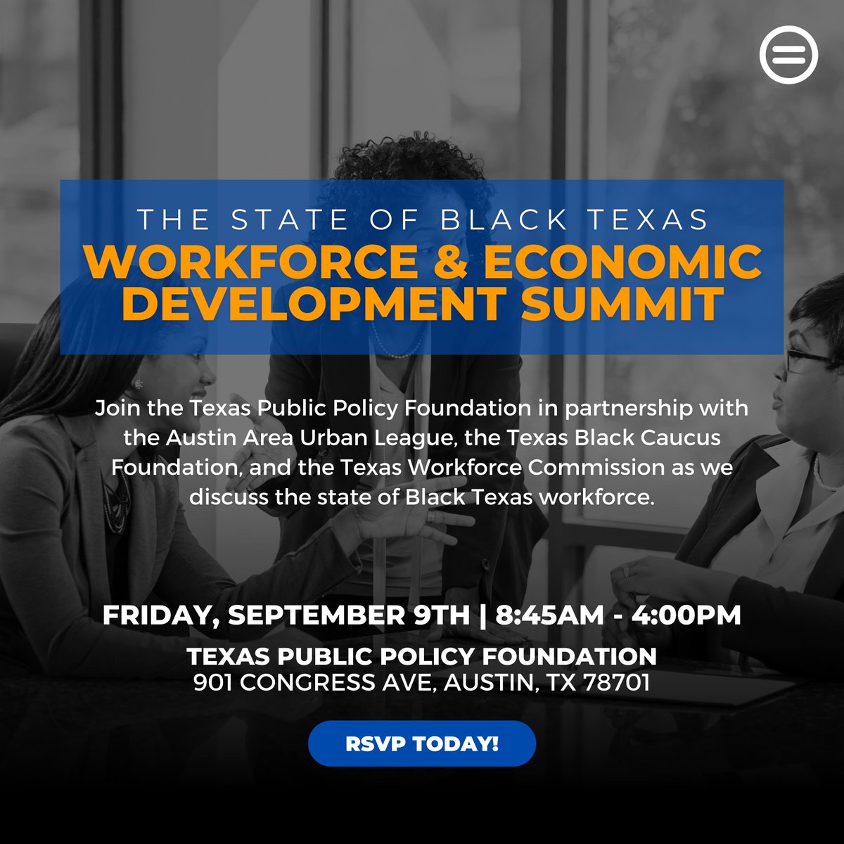AAULTX's tweet image. HAPPENING THIS WEEK: join us as we discuss the state of Black Texas workforce this FRIDAY, 9/9. To RSVP, click the link below.

eventbrite.com/e/the-state-of…

#WorkforceDevelopment #EcomomicDevelopment #StateOfBlackTexas #TexasPublicPolicy #AAUL #AustinTX #ATX