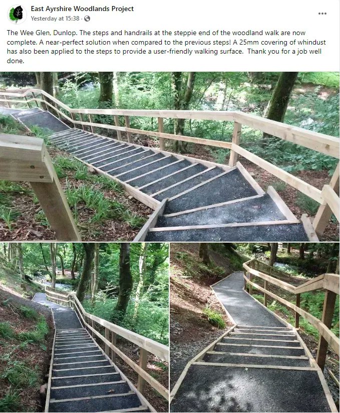 Travelhubkk's tweet photo. East Ayrshire Woodland Project has completed the new steps and handrails for the #woodlandwalk in The Wee Glen in Dunlop. Brilliant work! #pathimprovements
https://t.co/KMzlH4VZcz https://t.co/N2xIIjSlcp